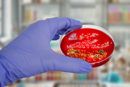 Bacterial and mold fungi colonies grown from hands skin surface on blood sheep agar, photograph...