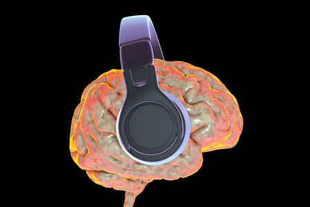 3D illustration of a human brain wearing headphones, symbolizing music, sound perception, cognitive...