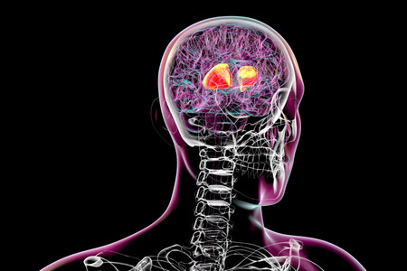 Human brain with highlighted internal capsule, crucial for transmitting motor and sensory signals, 3D illustration.の写真素材
