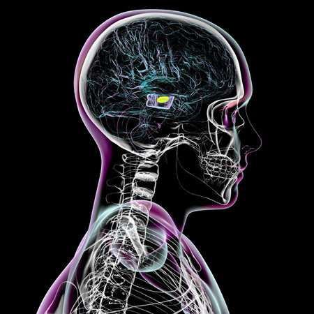 3D illustration of a human brain with atrophic substantia nigra (yellow) inside a transparent purple midbrain, depicting degeneration in Parkinson's disease.の写真素材