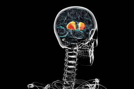 Human brain with highlighted internal capsule, crucial for transmitting motor and sensory signals, 3D illustration.の写真素材