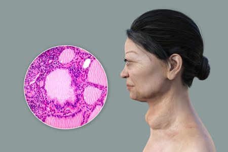 A 3D illustration of a female patient with enlarged thyroid gland and exophthalmos, alongside with a...