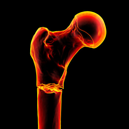 Subtrochanteric femur fracture, 3D illustration depicting a break below the lesser trochanter in the proximal femur.の写真素材