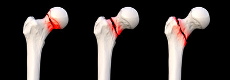 Femur neck fracture types: subcapital, transcervical, and basicervical, shown in sequence from left to right, 3D illustration.の写真素材
