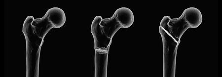 Femur fracture types: normal femur, intertrochanteric fracture, and subtrochanteric fracture, from left to right, 3D illustration.の写真素材