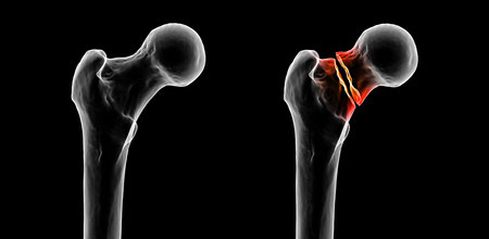 Transcervical femur fracture (right) and normal femur bone (left), 3D illustration depicting a break through the femoral neck, near the hip joint.の写真素材