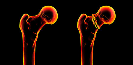 Transcervical femur fracture (right) and normal femur bone (left), 3D illustration depicting a break through the femoral neck, near the hip joint.の写真素材
