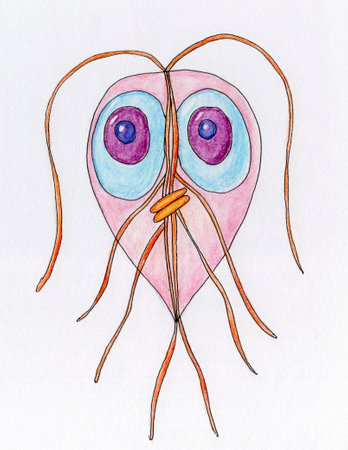 Watercolor hand drawn illustration of Giardia intestinalis protozoan, portraying its morphology and contributing to the understanding of this parasitic organism.の写真素材