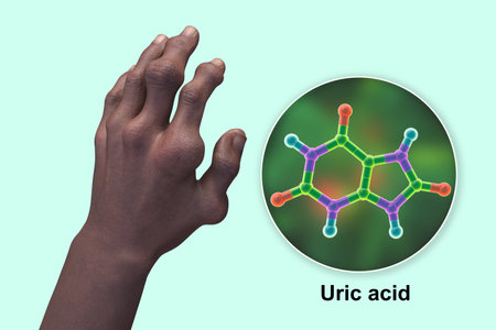 Scientific 3D illustration depicting gout-afflicted hands with deformities and close-up view of uric acid molecule, revealing the destructive impact of chronic uric acid crystal deposition.の写真素材