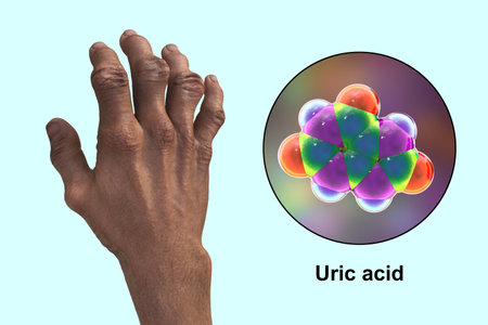Scientific 3D illustration depicting gout-afflicted hands with deformities and close-up view of uric...