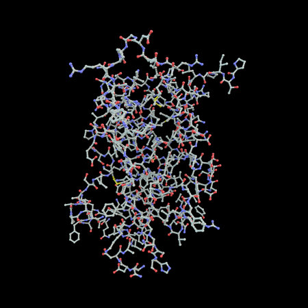 Human growth hormone molecule (hGH, Somatotropin), 3D illustration. Natural hormone that is used both as a medicine and as a doping agent.の写真素材