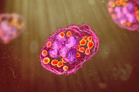 Histoplasma capsulatum yeasts inside a macrophage cell, 3D illustration. Histoplasma is a parasitic,...