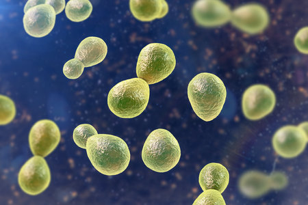 Histoplasma capsulatum, a parasitic, yeast-like dimorphic fungus that can cause lung infection histoplasmosis. A 3D illustration depicts an yeast form typically found in host tissues.の写真素材