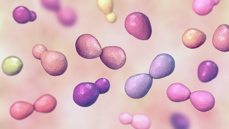 Histoplasma capsulatum, a parasitic, yeast-like dimorphic fungus that can cause lung infection histoplasmosis. A 3D illustration depicts an yeast form typically found in host tissues.の写真素材