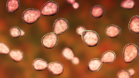 Histoplasma capsulatum, a parasitic, yeast-like dimorphic fungus that can cause lung infection histoplasmosis. A 3D illustration depicts an yeast form typically found in host tissues.の写真素材
