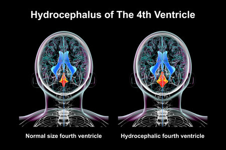A 3D scientific illustration depicting isolated enlargement of the fourth brain ventricle (right) compared to the normal size fourth ventricle (left), top view.の写真素材