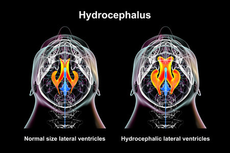 A 3D scientific illustration depicting enlarged lateral ventricles of the human brain (hydrocephalus, right side, indicated in orange), and normal lateral ventricles (left side), bottom view.の写真素材