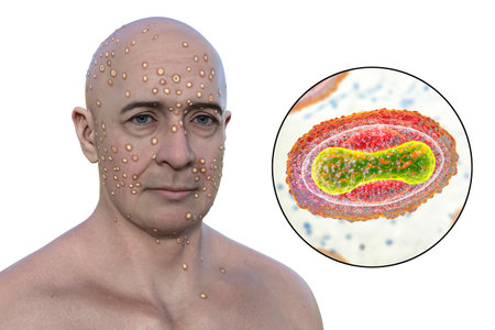 3D illustration depicts man with rash from pox viruses (smallpox, Alaskapox, monkeypox), alongside with close-up view of Poxviridae viruses.の写真素材