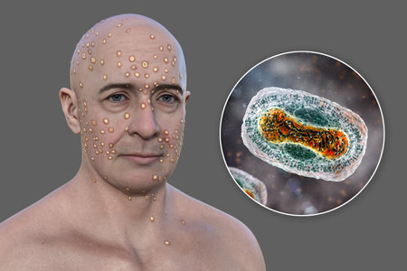 3D illustration depicts man with rash from pox viruses (smallpox, Alaskapox, monkeypox), alongside with close-up view of Poxviridae viruses.の写真素材