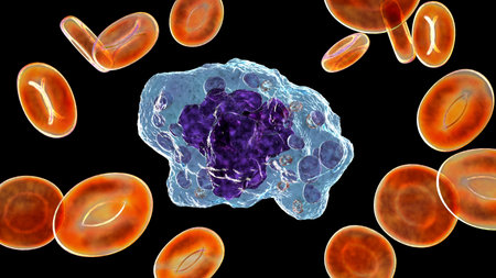 Intricate 3D illustration showcasing the inner structure of a macrophage cell, revealing its vital components and functions.の写真素材