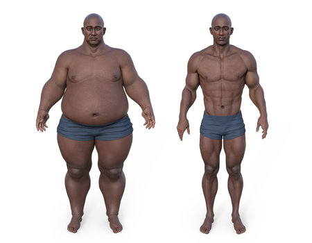 3D illustration of a full-body middle-aged African man shown with both bodybuilder and overweight constitution, highlighting contrasting body compositions.の写真素材