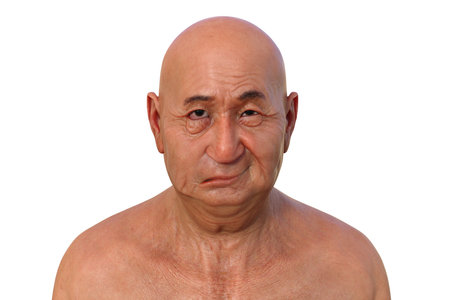 Facial palsy in a man, photorealistic 3D illustration highlighting the asymmetry and drooping of the facial muscles on one side of the face.の写真素材