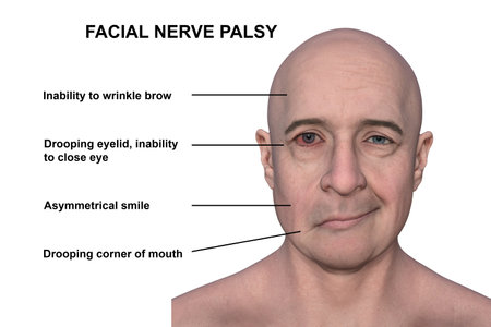 Facial palsy in a man, photorealistic 3D illustration highlighting the asymmetry and drooping of the facial muscles on one side of the face.の写真素材
