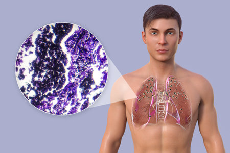 3D illustration and light micrograph depicting a man with lungs affected by silicosis, revealing dark silicotic nodules, emphasizing respiratory health issues due to silica exposure.の写真素材
