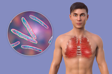 A 3D illustration showcasing a man with transparent skin, revealing the lungs affected by miliary tuberculosis, and close-up view of Mycobacterium tuberculosis bacteria.の写真素材