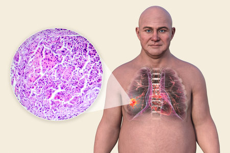 Lung cancer in a middle-aged Caucasian man, 3D illustration showing location and gross anatomy of the tumor and light micrograph of squamous cell carcinoma of lungs.の写真素材