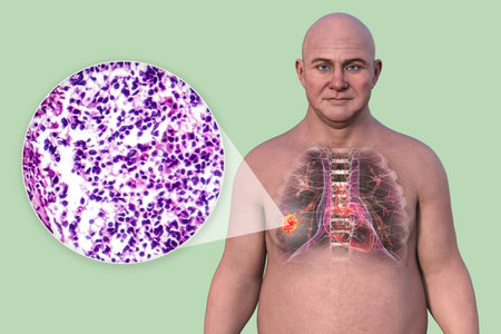Lung cancer in a middle-aged Caucasian man, 3D illustration showing location and gross anatomy of the tumor and light micrograph of small cell lung cancer tissue.の写真素材