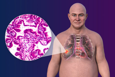 Lung cancer in a middle-aged Caucasian man, 3D illustration showing location and gross anatomy of the tumor and light micrograph of lung adenocarcinoma.の写真素材