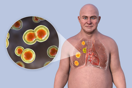 Human lungs affected by blastomycosis, 3D illustration showing fungal infection caused by Blastomyces dermatitidis, highlighting lung nodules and granulomas with characteristic morphology.の写真素材