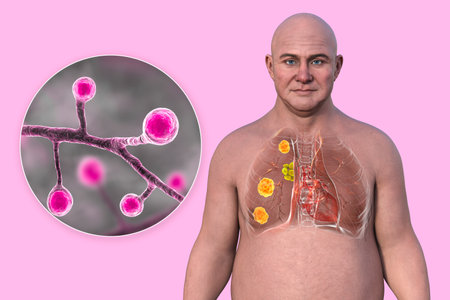 Human lungs affected by blastomycosis, 3D illustration showing fungal infection caused by Blastomyces dermatitidis, highlighting lung nodules and granulomas with characteristic morphology.の写真素材