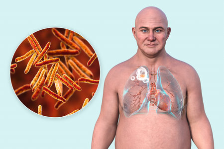 A man with lungs affected by cavitary tuberculosis in the upper lobe of the right lung, 3D illustration depicting lung damage and cavities, and close-up view of Mycobacterium tuberculosis bacteria.の写真素材
