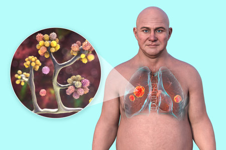 Lung mucormycosis, 3D illustration showing multiple irregular lung nodules and close-up view of Cunninghamella fungi, one of the causative agents of mucormycosis.の写真素材