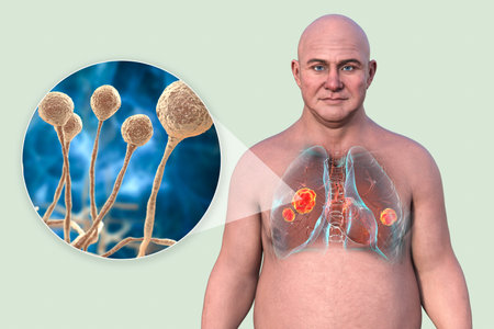 Lung mucormycosis, 3D illustration showing multiple irregular lung nodules and close-up view of Mucor fungi, one of the causative agents of mucormycosis.の写真素材