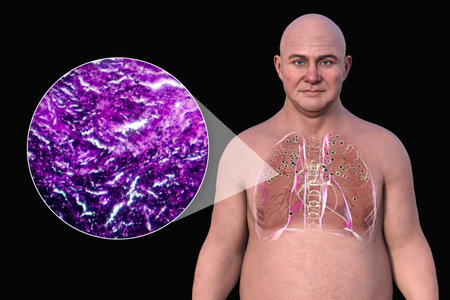 A man with silicosis-affected lungs. 3D illustration and light micrograph showing silicotic nodules and fibrosis, highlighting respiratory health issues from silica exposure.の写真素材