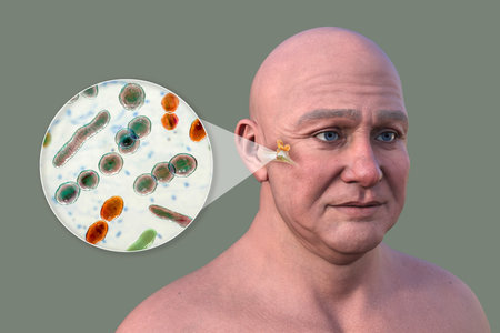 3D illustration of a man with transparent skin revealing otitis media and a close-up view of bacteria that caused it.の写真素材