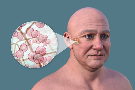 3D illustration of a man with transparent skin depicting fungal-associated otitis media, featuring a close-up view of Candida yeasts.の写真素材