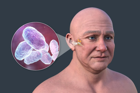 3D illustration of a man with transparent skin revealing otitis media and a close-up view of bacteria Haemophilus influenzae.の写真素材
