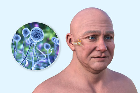 3D illustration of a man with transparent skin showing fungal-associated otitis media, featuring a close-up view of Mucor fungi.の写真素材