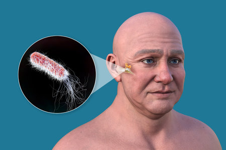 3D illustration of a man with transparent skin revealing otitis media and a close-up view of bacteria Pseudomonas aeruginosa.の写真素材
