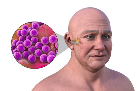 3D illustration of a man with transparent skin revealing otitis media and a close-up view of bacteria Staphylococcus aureus.の写真素材