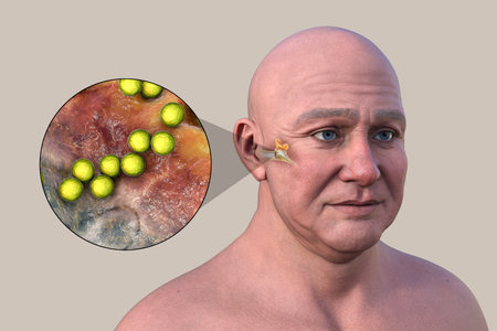 3D illustration of a man with transparent skin revealing otitis media and a close-up view of bacteria Streptococcus pyogenes.の写真素材