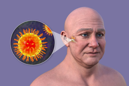 3D illustration of a man with transparent skin showing viral-associated otitis media and close-up view of viruses like RSV, influenza, and rhinovirus.の写真素材