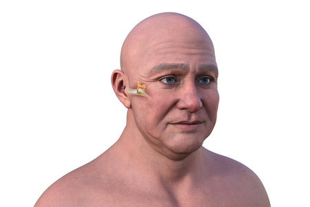 3D illustration of a man with transparent skin, revealing otitis media and pus buildup in the middle ear.の写真素材