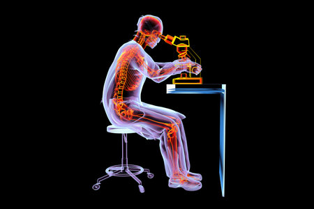 3D illustration of a man doctor working with a microscope in colorful X-ray style, revealing skeletal anatomy to highlight back pain risks.の写真素材