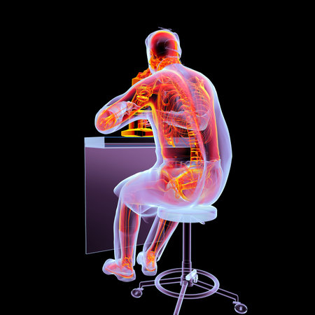 3D illustration of a man doctor working with a microscope in colorful X-ray style, revealing skeletal anatomy to highlight back pain risks.の写真素材