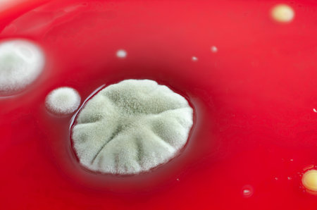 Bacterial and mold fungi colonies grown from indoor air on blood sheep agar, photograph showcasing microbial diversity and air contamination.の写真素材